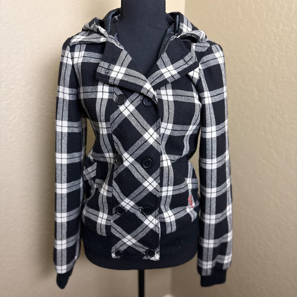 Billabong Black White Plaid Hooded Wool Blend Double Breasted Jacket Coat M